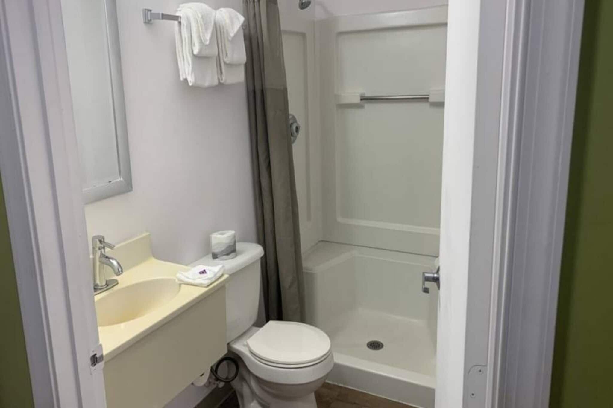 A small bathroom with a toilet, sink, and shower.