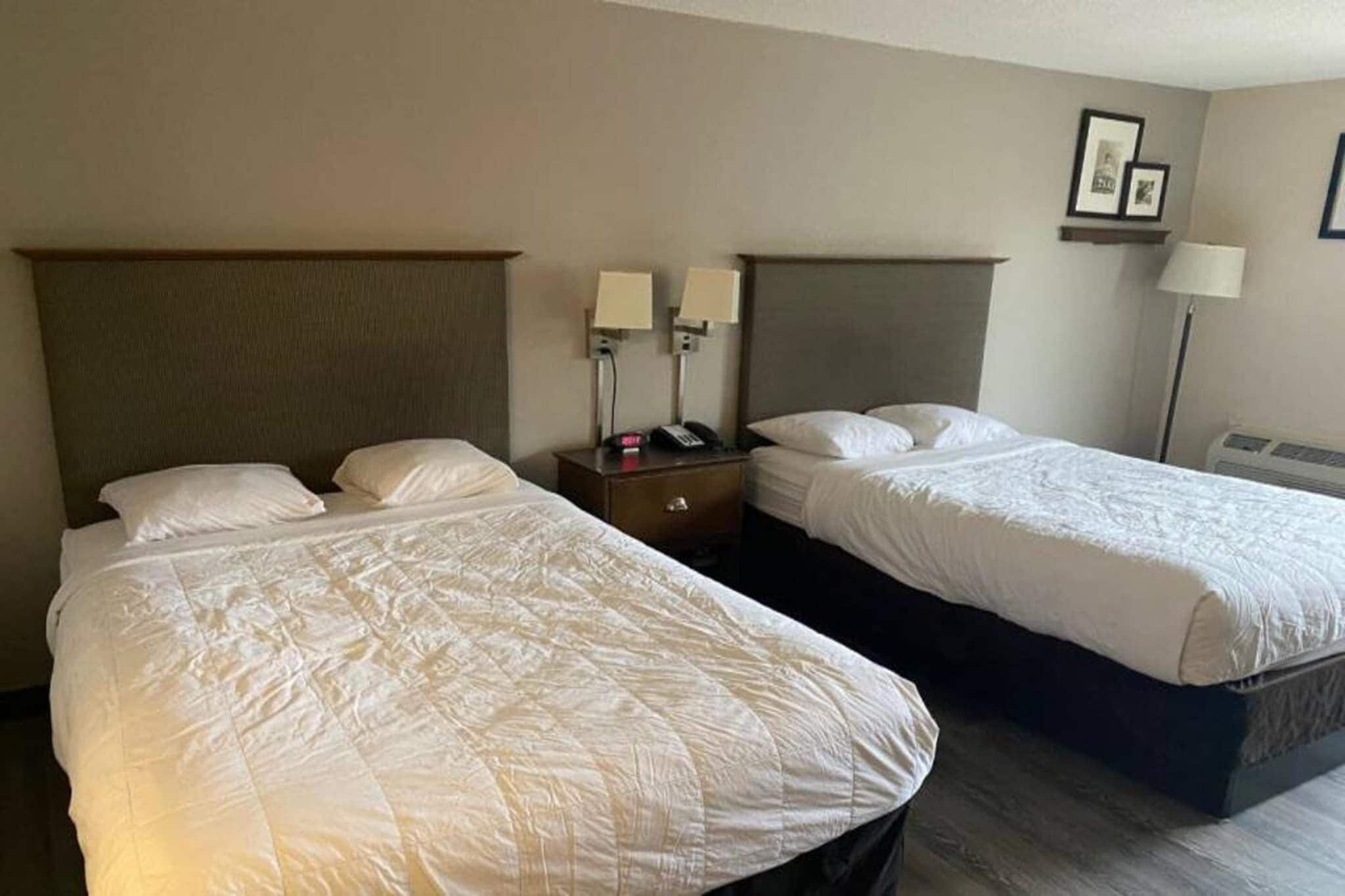 Ett hotellrum med två sängar, ett nattduksbord med en telefon och en lampa samt en vägghylla med bilder.