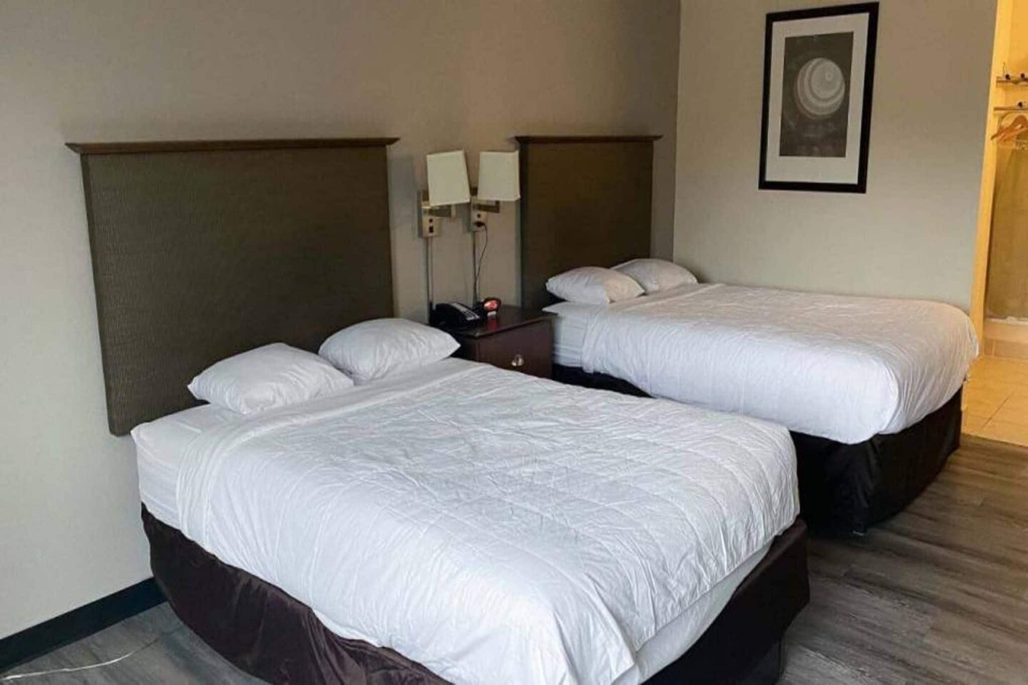 A hotel room with two single beds, a nightstand, a wall-mounted lamp, and a framed picture.