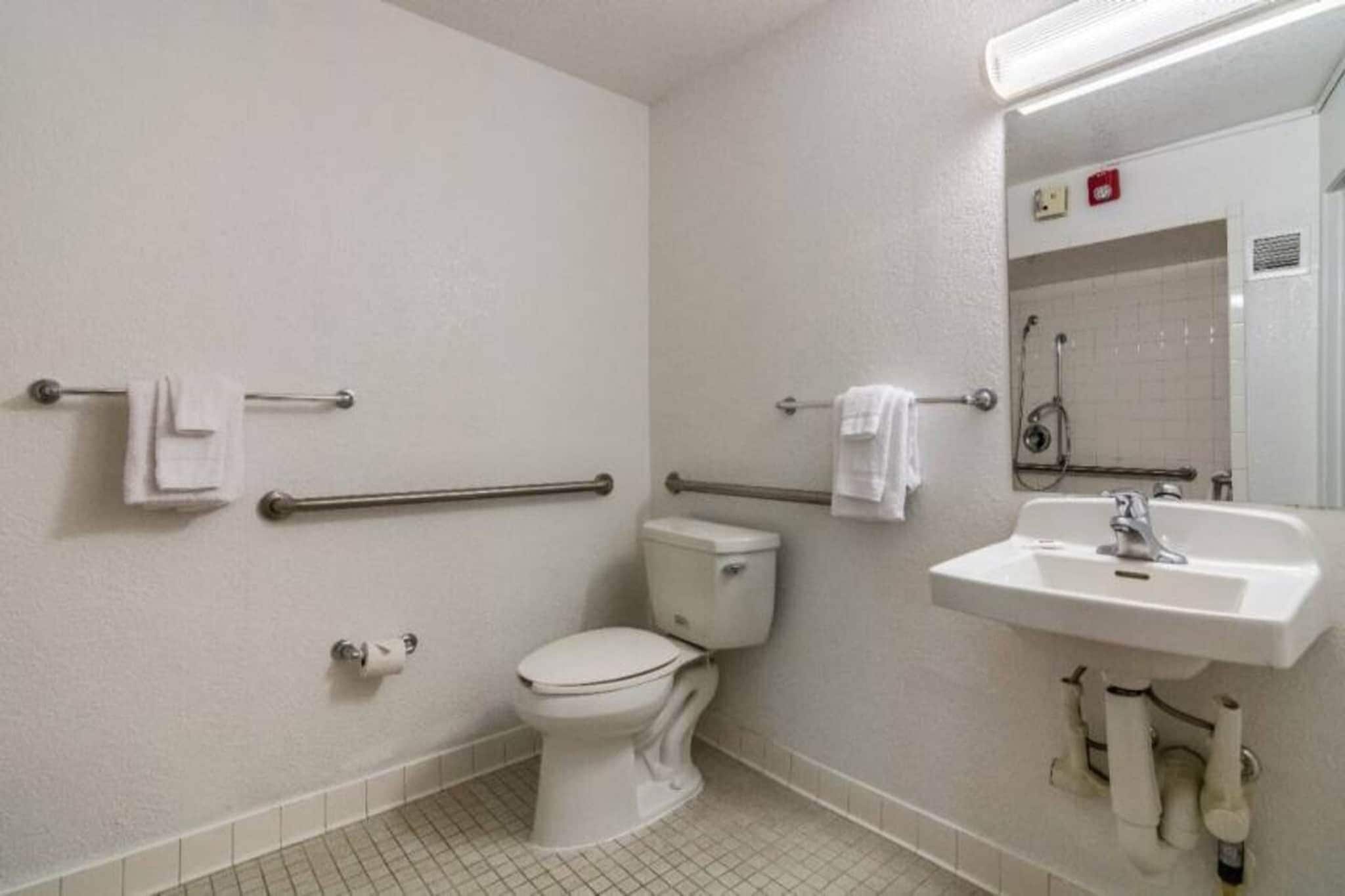 A standard hotel bathroom with a toilet, handrails, a sink, and a mirror.