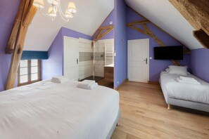 A bedroom with a large bed, a smaller bed, a walk-in closet, a television, and a chandelier. - Vacation Home “La Ramellerie - Grange Arthuis” with Wi-Fi and Air Conditioning (Lavau)