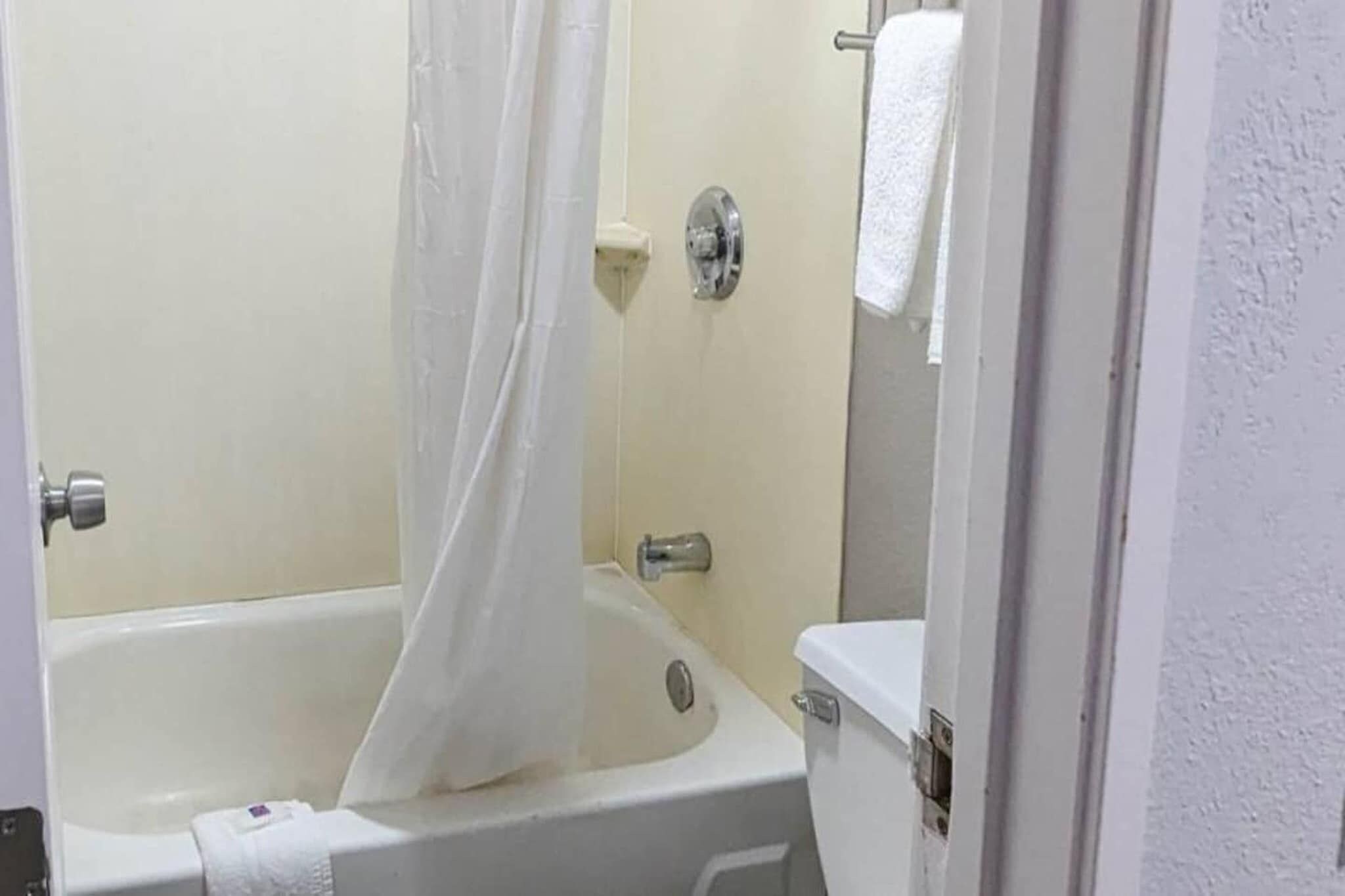 A bathroom with a bathtub, toilet, and a shower curtain.