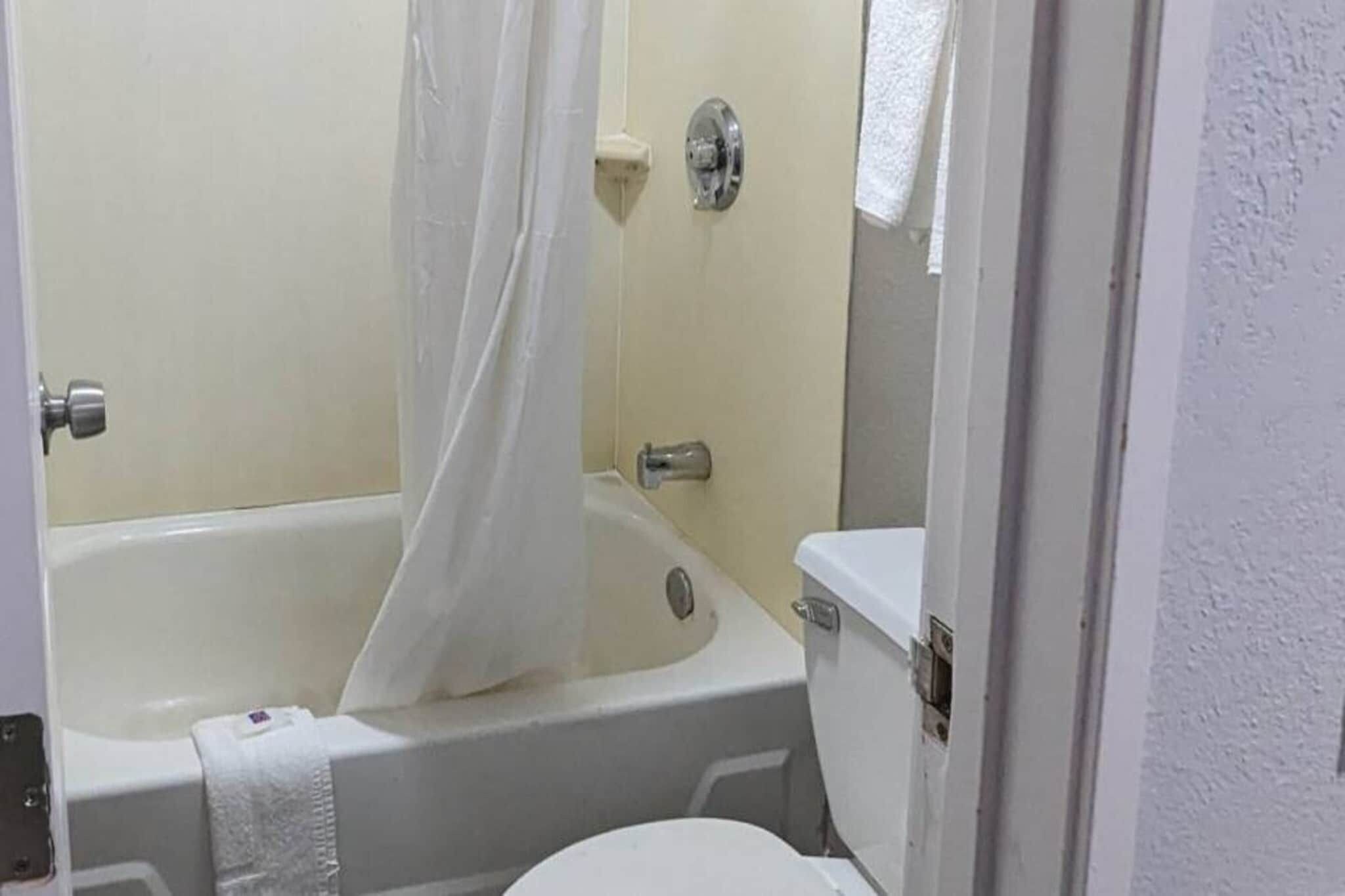 A bathroom with a bathtub, toilet, and a shower curtain.