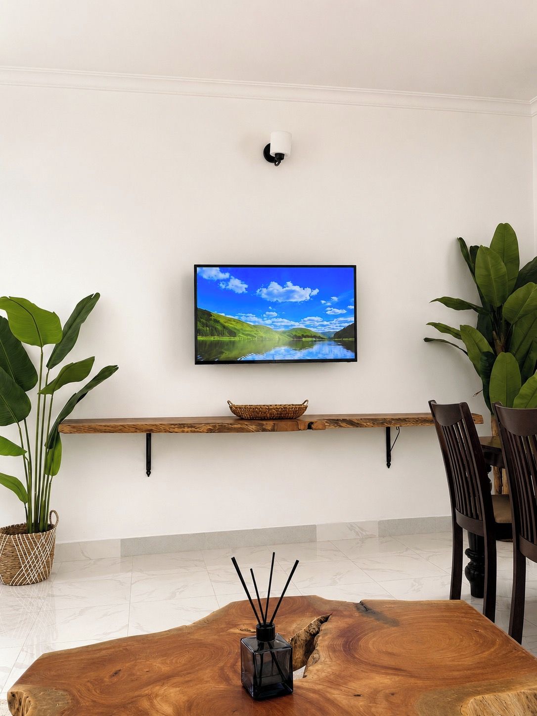Un salon moderne avec un téléviseur à écran plat fixé à un mur blanc, une table basse en bois et deux plantes en pot.