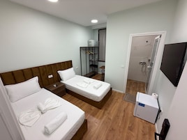 Habitación de hotel con dos camas, un escritorio, un armario, zona de ducha y televisor.