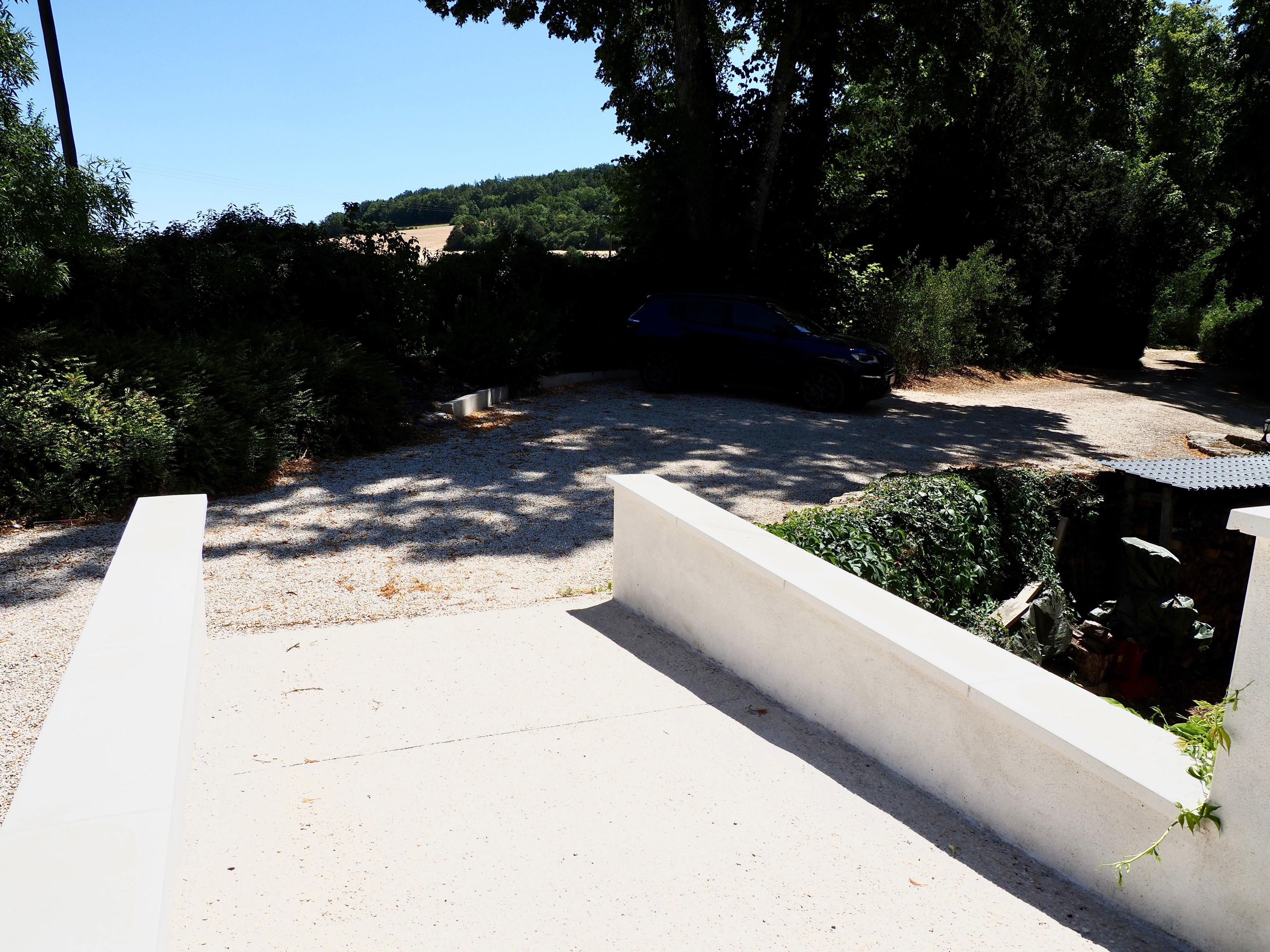 A paved driveway leading to a parked car, surrounded by dense greenery and a clear sky.