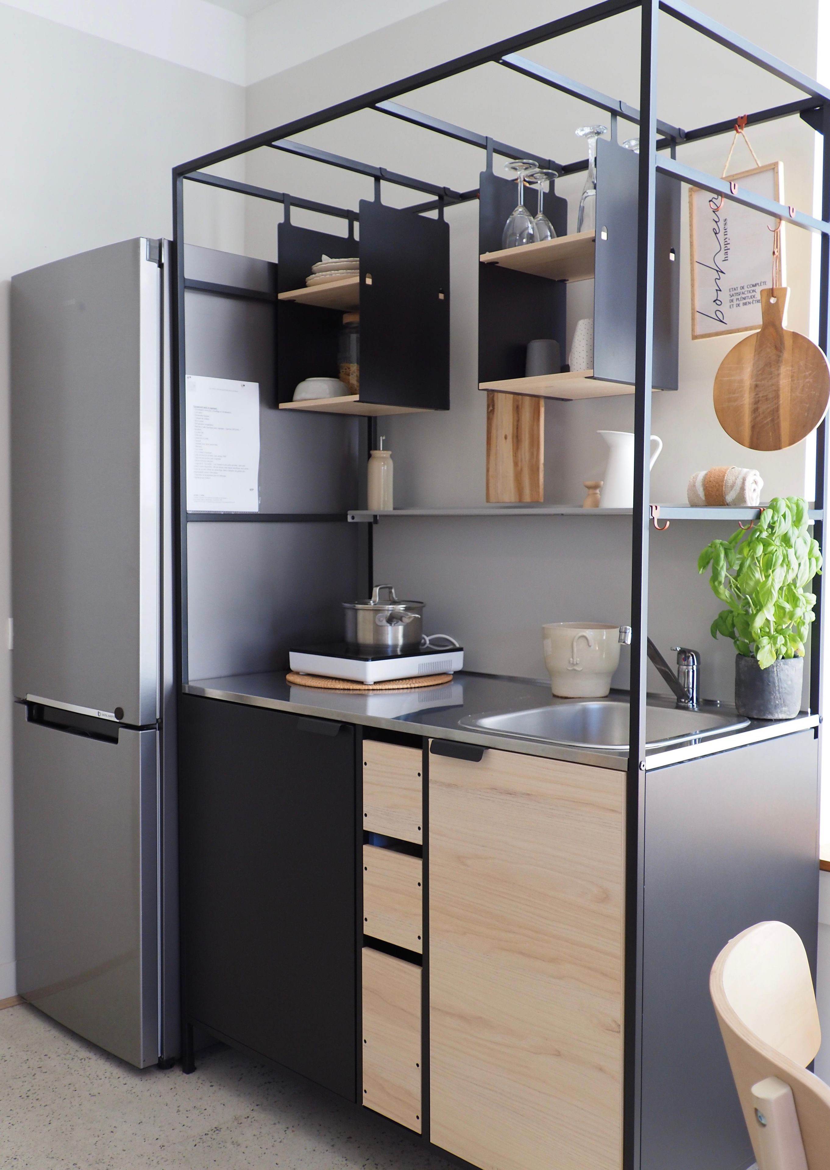 Een moderne keuken met een geïntegreerde koelkast, houten kastjes, een spoelbak en een aanrecht met een snijplank en een plant.