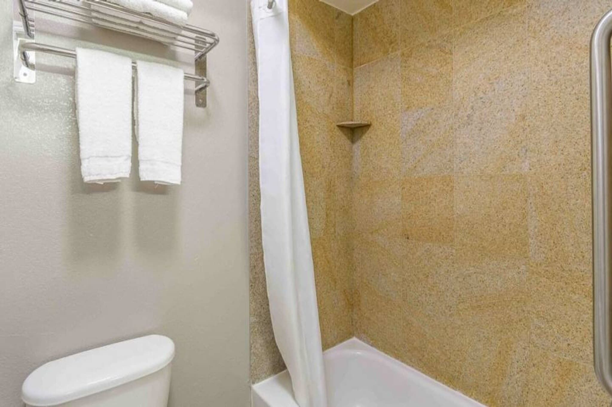 A bathroom with a shower, toilet, and a towel rack.