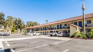 A motel with a parking lot, multiple cars parked, and a palm tree. - Sunny 2-Bed Full Beds|Mini Fridge (Riverside)