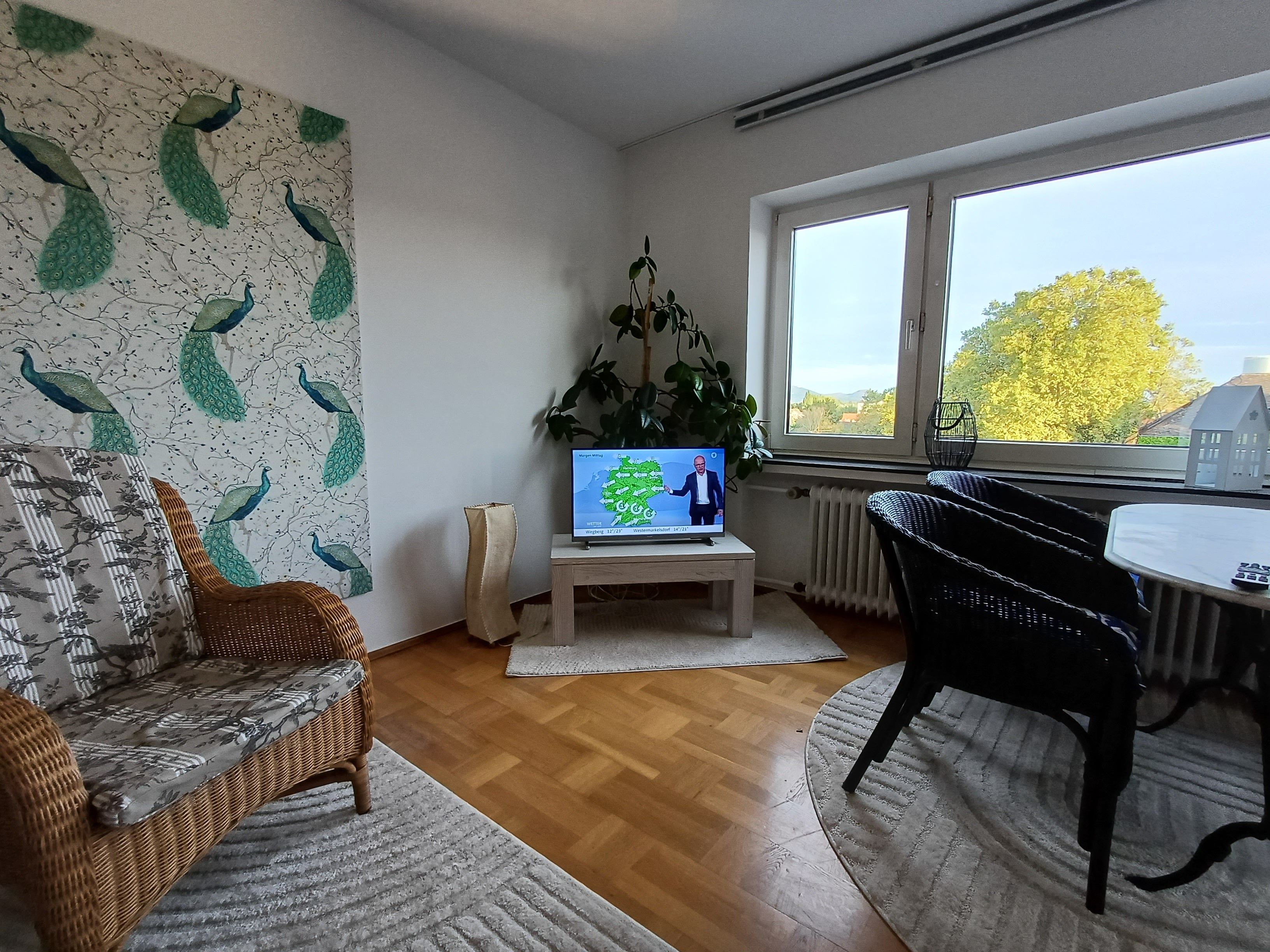 Ein Wohnzimmer mit Fernseher, Pflanze, Rattan-Sofa, Esstisch und Blick ins Freie.