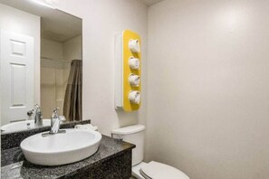 Un baño con lavamanos, espejo, inodoro y dispensador de toallas.