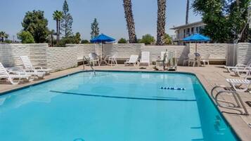 Una piscina con sillones de descanso y sombrillas.