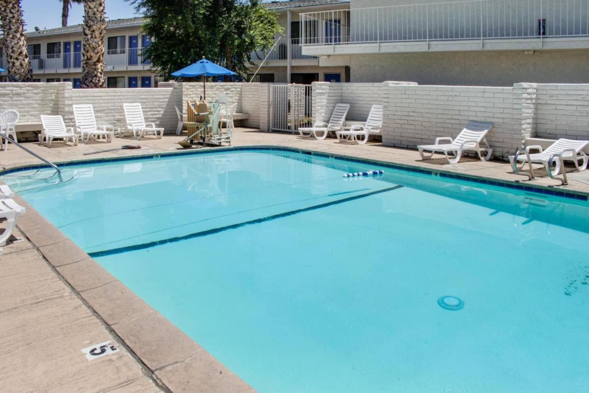A rectangular swimming pool with white lounge chairs and a blue umbrella.