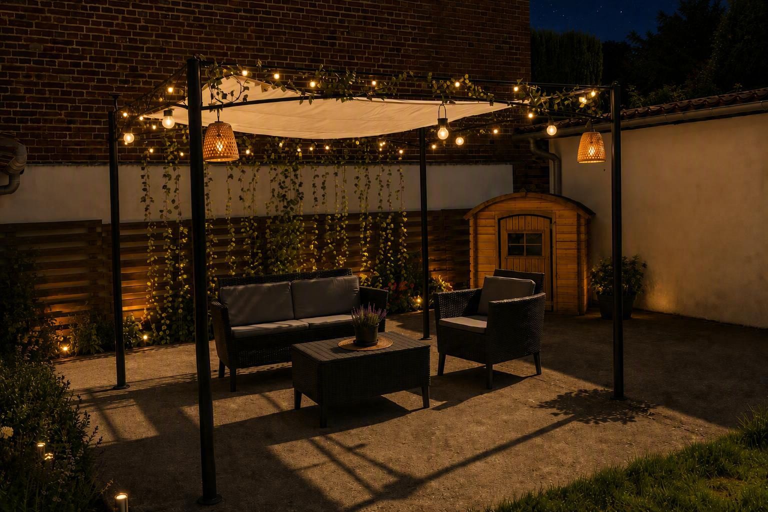 En udendørs patio med en murstensvæg, en trædør og et pergola med lyskæder.