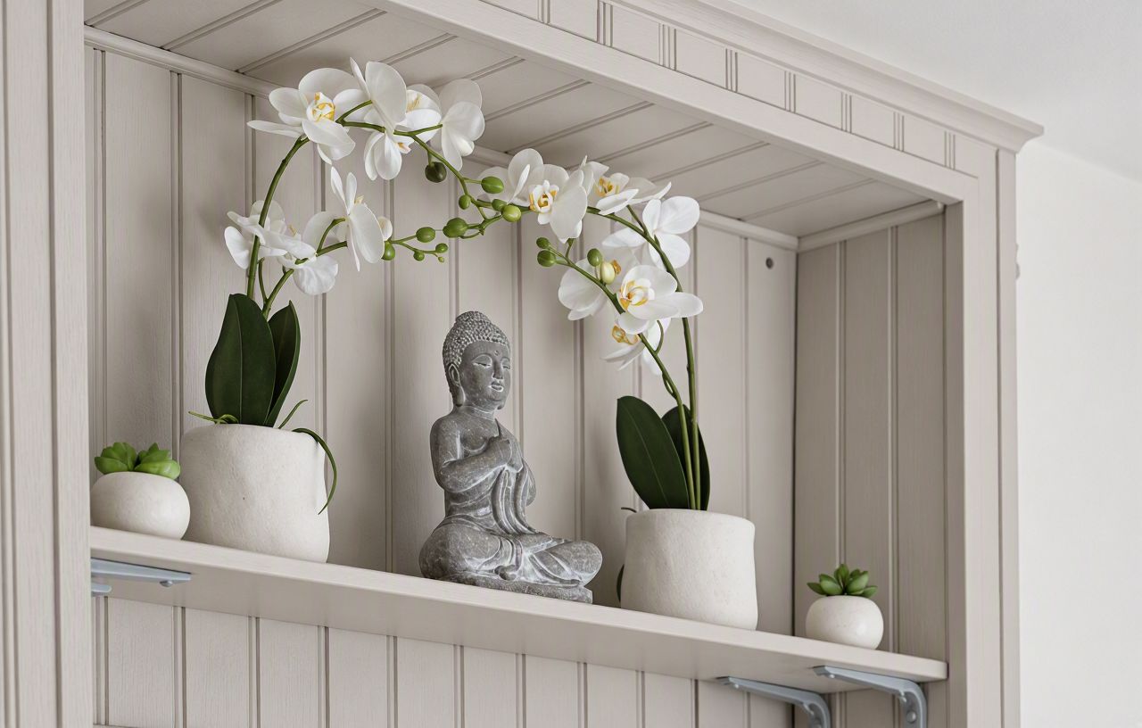 A shelf with a Buddha statue, two potted plants, and white orchids.