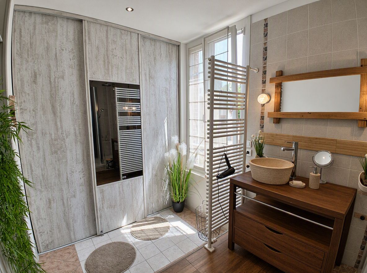 Une salle de bain avec un meuble-lavabo en bois, un porte-serviettes, un miroir et une plante en pot.