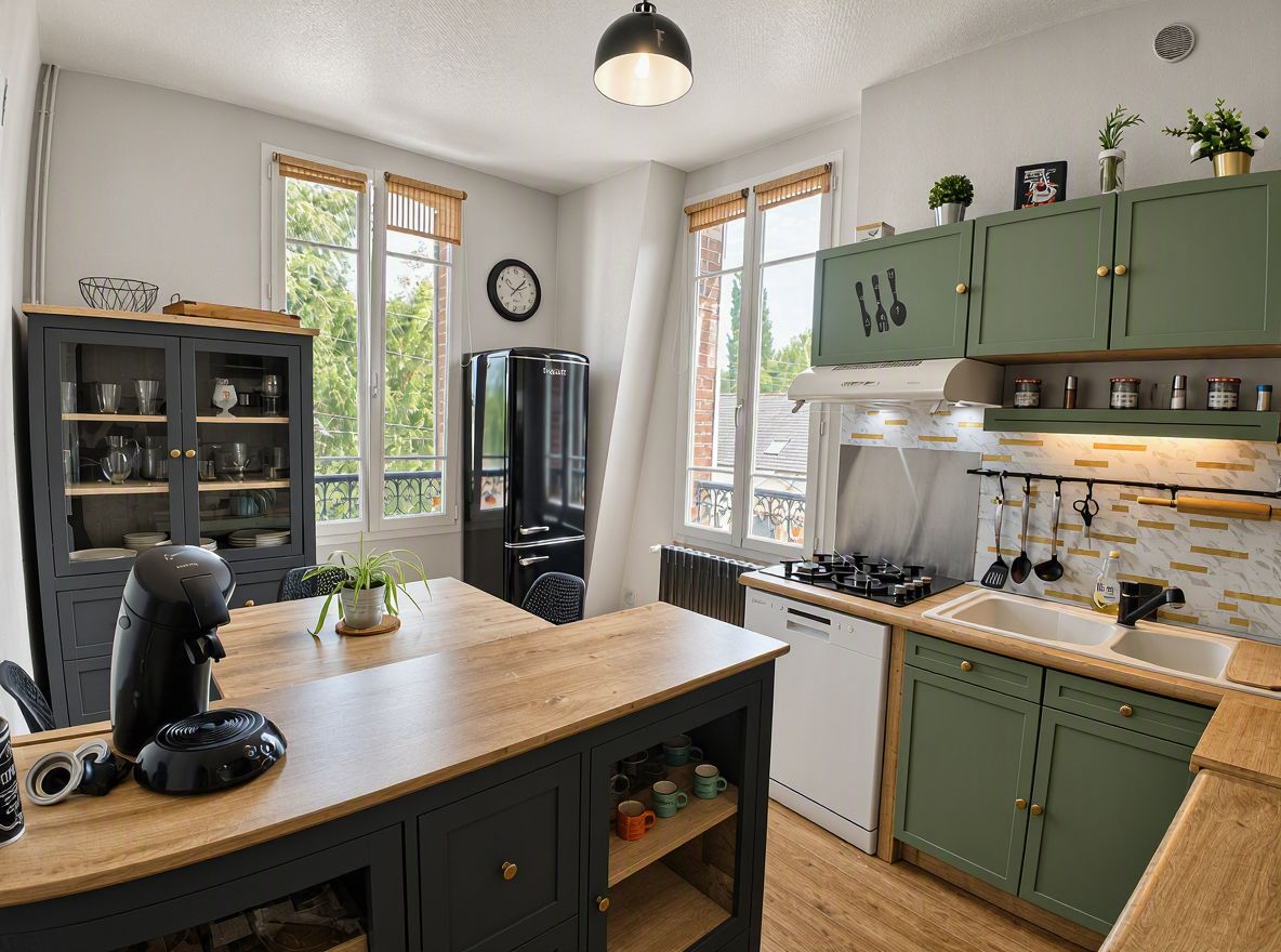 Eine kompakte Küche mit Holzarbeitsplatte, einer Kaffeemaschine, einem Wasserkocher und einem eingebauten Backofen. Es gibt Schränke mit Glastüren und ein Fenster mit Blick nach draußen.