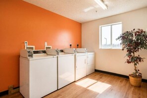 A laundry room with a large washing machine and dryer, a window, and a potted plant.