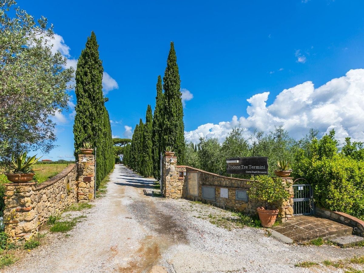 A gravel path leading to a gated entrance with tall cypress trees on either side.
