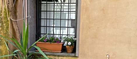 Une fenêtre à carreaux, un pot de fleurs, un banc en bois et une grille de ventilation fixée au mur.