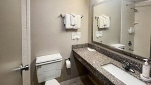 Bany d'hotel amb vàter, rentapel, mirall i portaToalles.