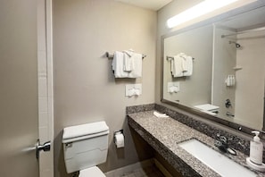 Et badeværelse på et hotel med toilet, håndvask og spejl.