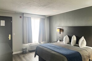 A hotel room with a bed, a bedside table, a window with curtains, a wall-mounted light, and a radiator.