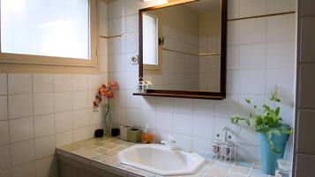 Une salle de bain avec un lavabo blanc, un miroir et une plante en pot.