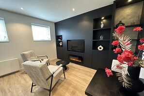 A modern living room with a fireplace, seating area, and decorative elements. - Holiday apartment with 1 bedroom (Oudkarspel)