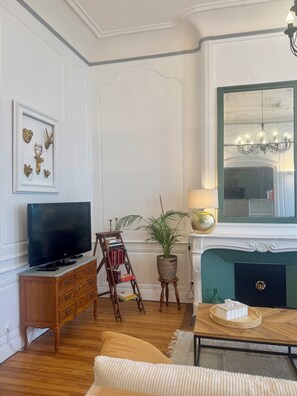 A room with a television on a wooden cabinet, a bookshelf, a potted plant, a fireplace, and a mirror.