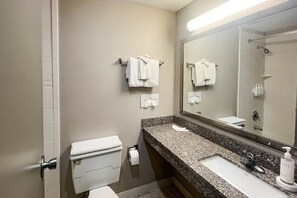 Une salle de bain d’hôtel équipée de toilettes, d’un lavabo, d’un miroir et d’un porte-serviettes.