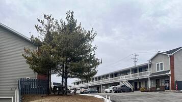 A motel with a row of rooms, a parking lot, and a tree in the foreground.