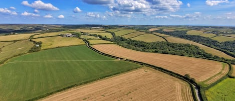 A rural landscape with rolling fields, a winding road, and distant wind turbines.