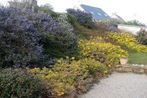 Ein Garten mit verschiedenen Sträuchern und Blumen, eine Steinmauer und ein Haus mit Satteldach im Hintergrund.