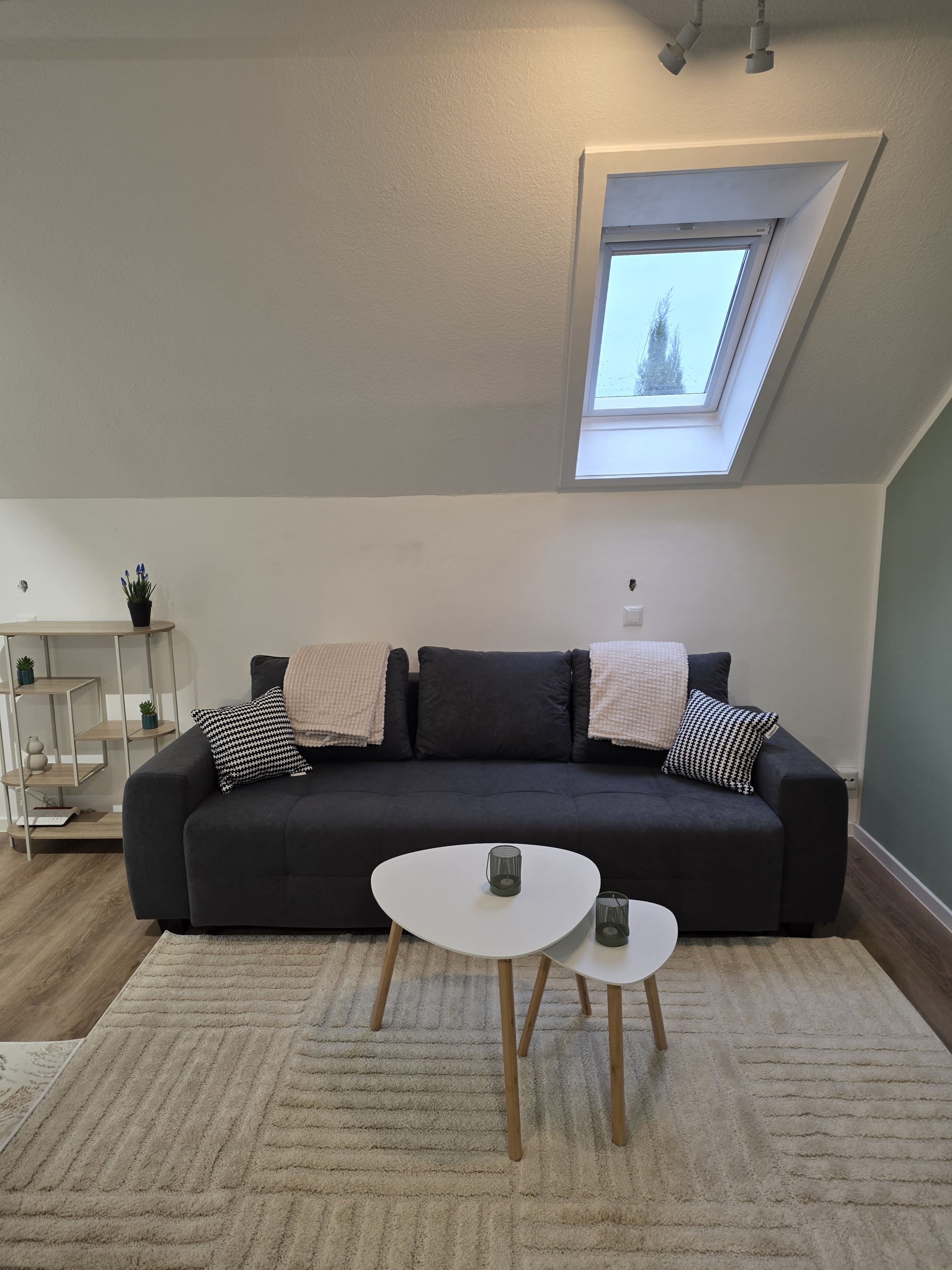 A modern living room with a dark grey sofa, two white coffee tables, a small potted plant, and a skylight above.