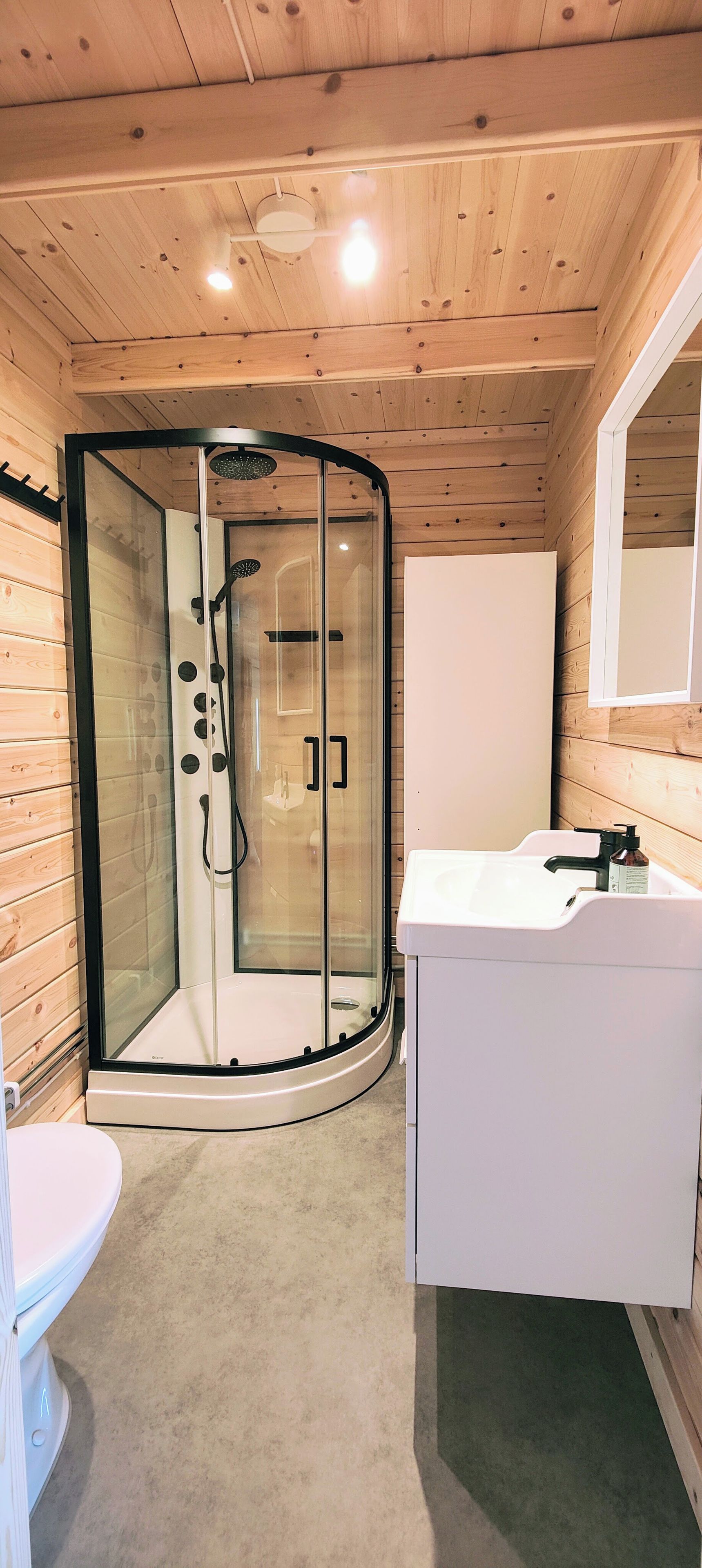A wooden interior with a glass-enclosed shower, a white sink, and a toilet.