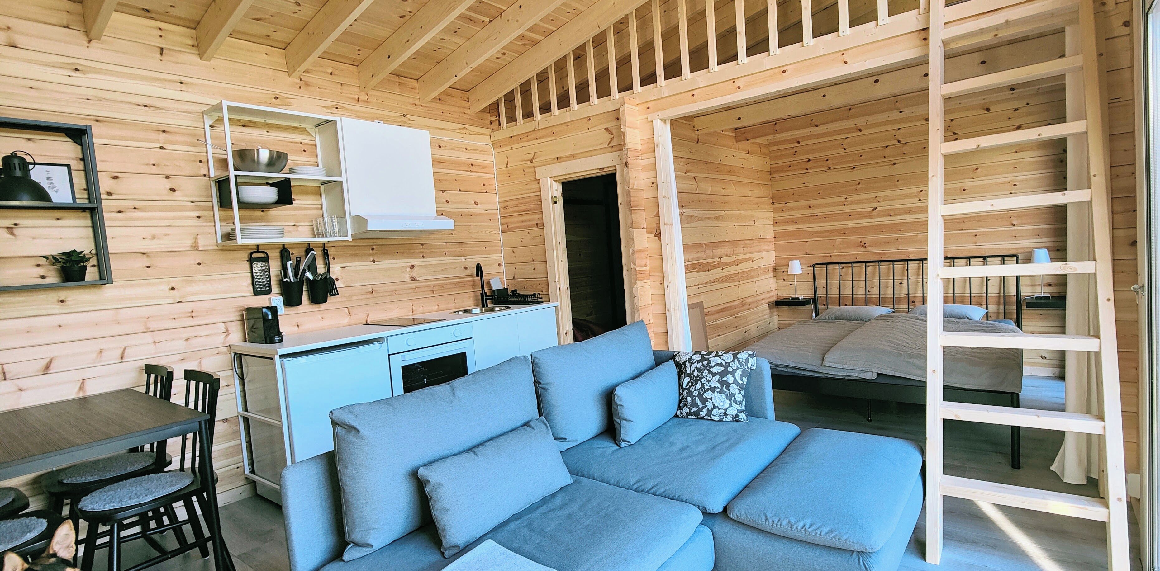 A compact wooden cabin with a kitchenette, a sofa, and a bed.