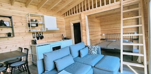 A compact wooden cabin with a kitchenette, a sofa, and a bed.