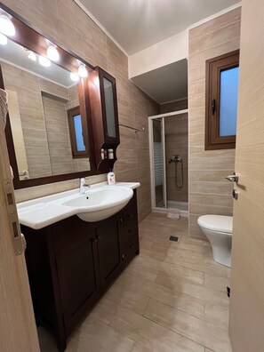A modern bathroom with a large mirror, a sink, a toilet, and a shower area. - Psichro Apartments Hera 1st Floor (Lasithi Plateau)