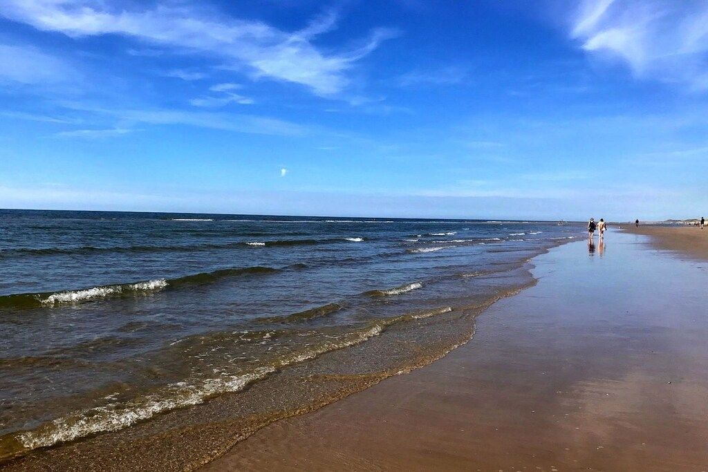Une plage avec des vagues, un ciel dégagé et quelques personnes qui se promènent.