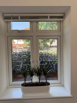 Una ventana con marco blanco y una planta en maceta en el alféizar.