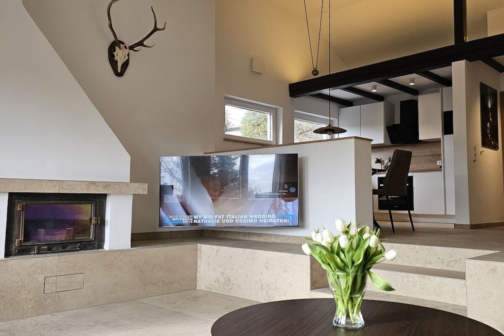 Una sala de estar moderna con chimenea, un televisor de pantalla plana y un jarrón de flores.