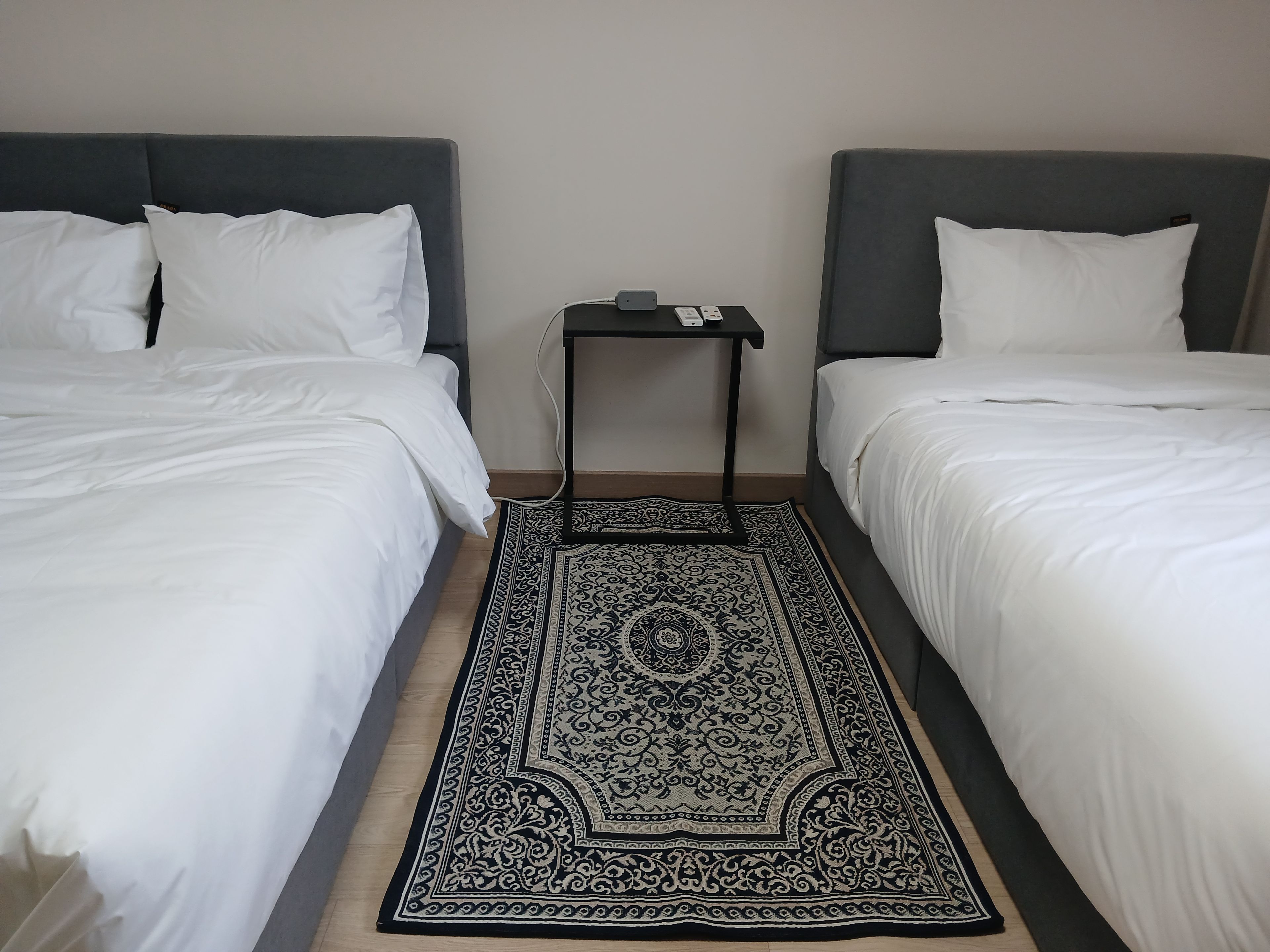 A hotel room with two beds, a nightstand, and a patterned rug.