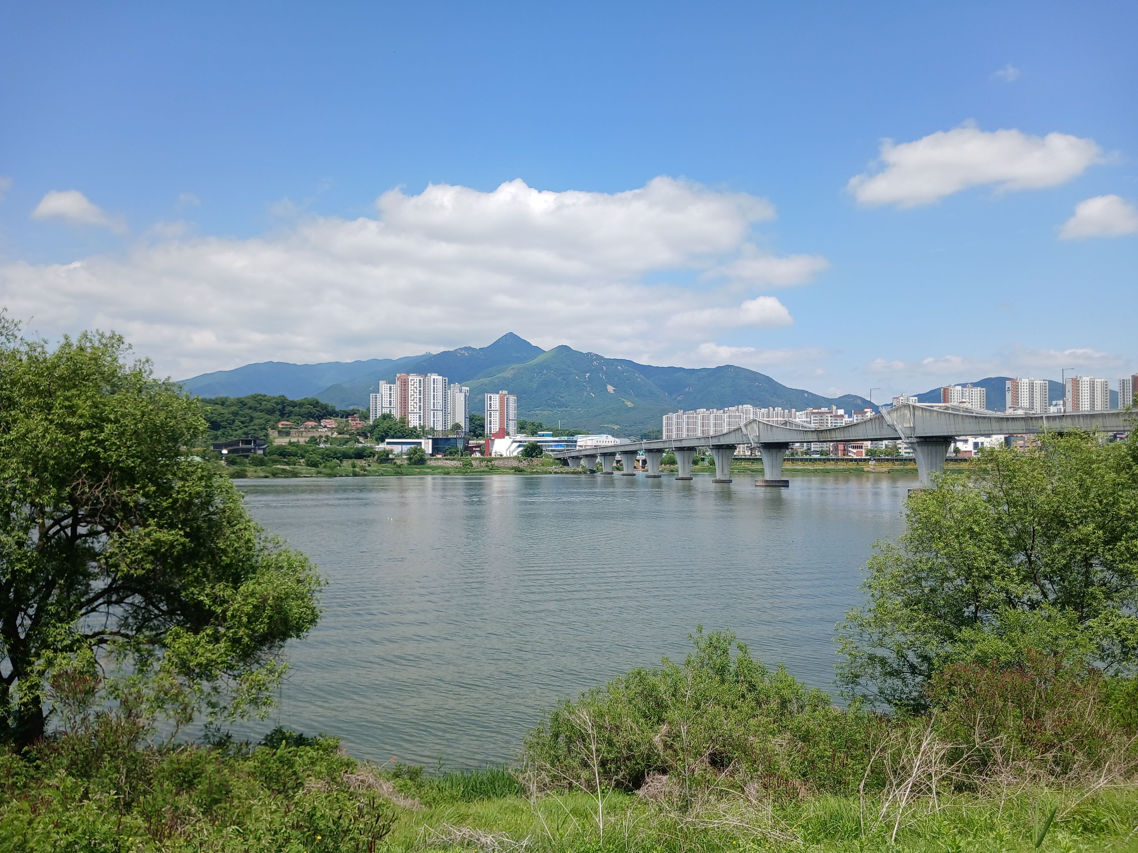 A river with a bridge, greenery, and buildings in the background.
