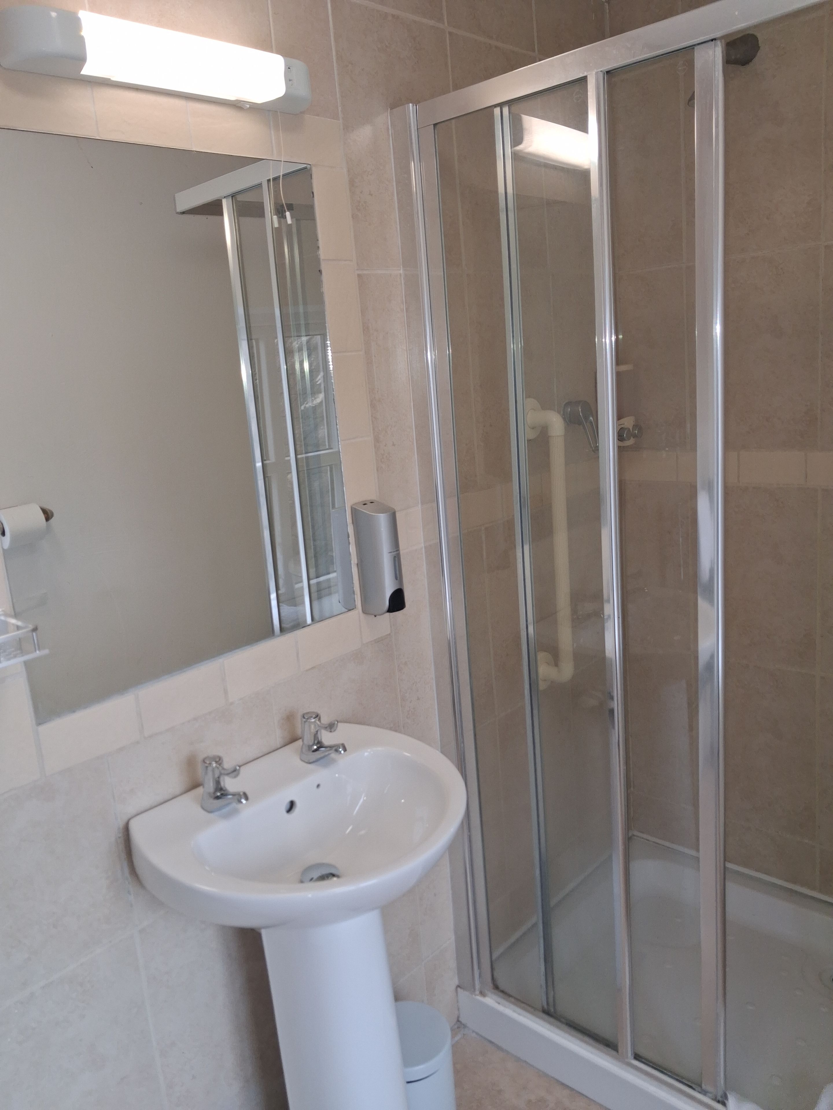 A bathroom with a glass-enclosed shower, a white sink, and a mirror above the sink.
