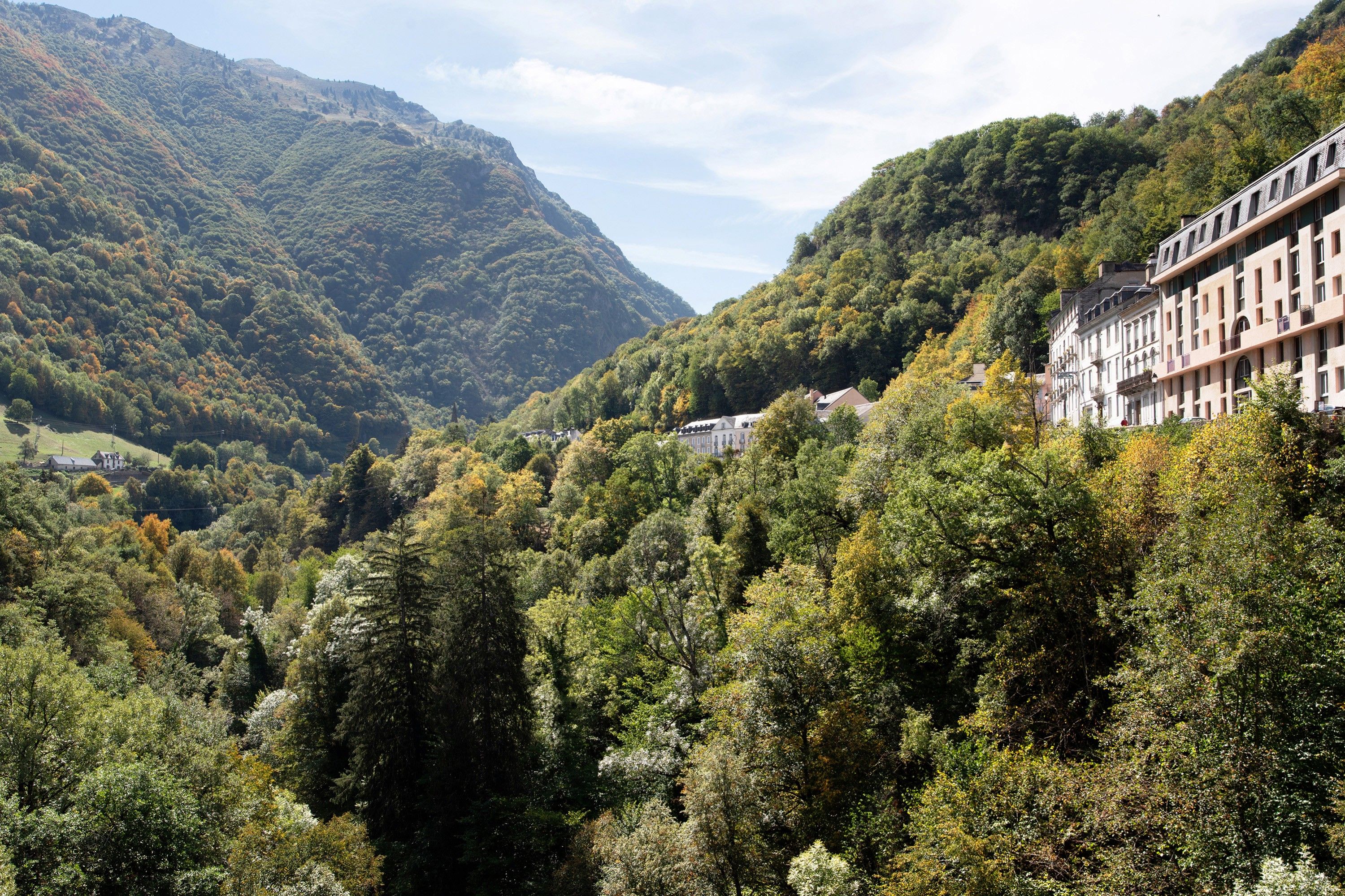 A mountainous landscape with dense forest and a row of buildings with multiple stories and balconies.