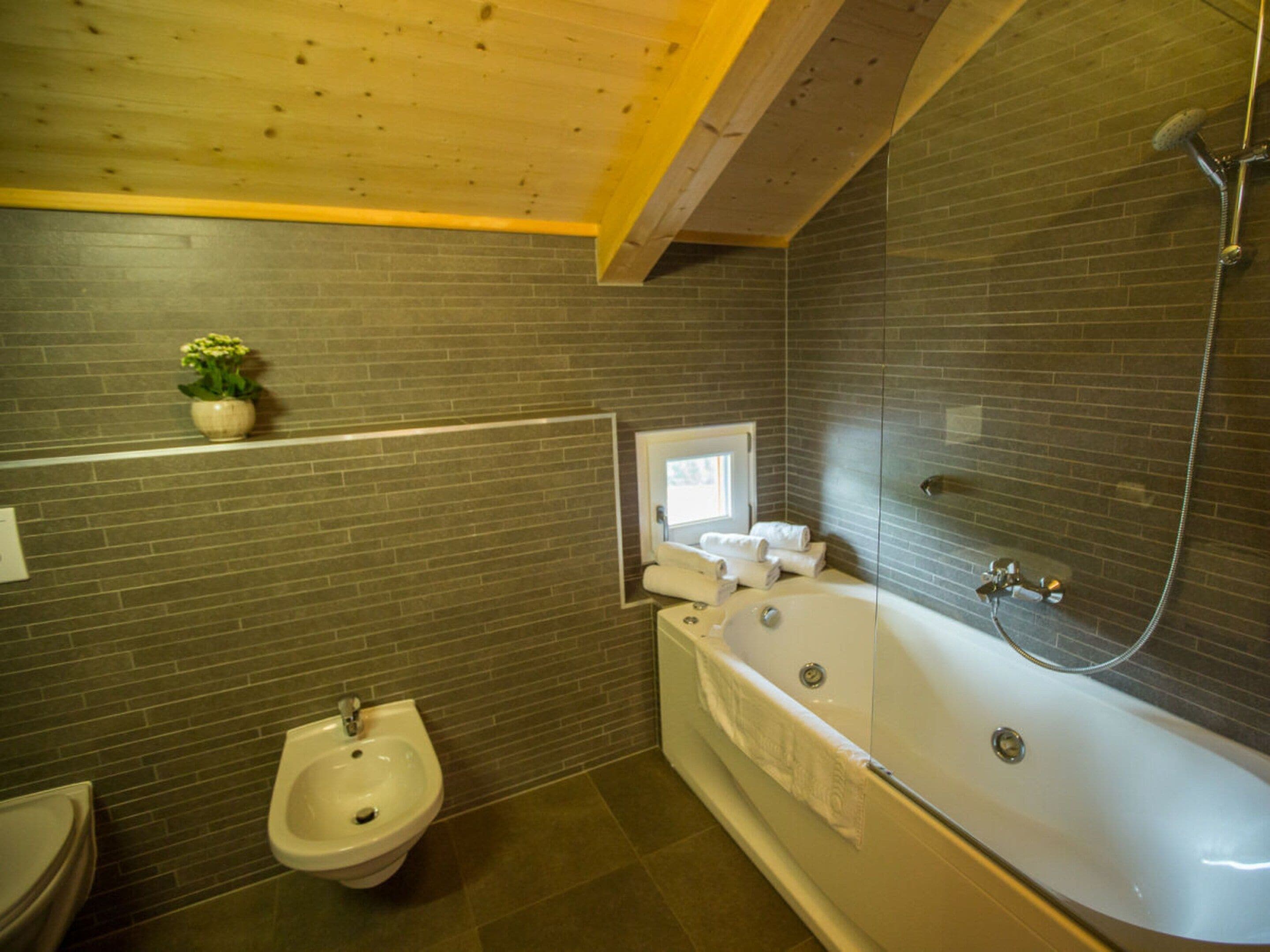 Een badkamer met een hygiëneschuimer, een badkuip en een douche.