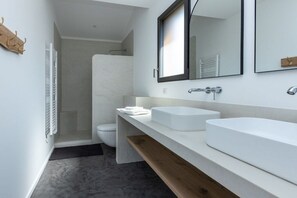 A modern bathroom with a large white sink, a mirror, and a shower enclosure. - Wooden house with heated pool (Moliets)