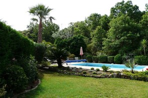 A backyard with a swimming pool, surrounded by lush greenery and a palm tree. - Holiday home in Cogolin with swimming pool (Cogolin)
