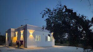 Um edifício moderno, térreo, com telhado plano, janelas grandes e chaminé visível.